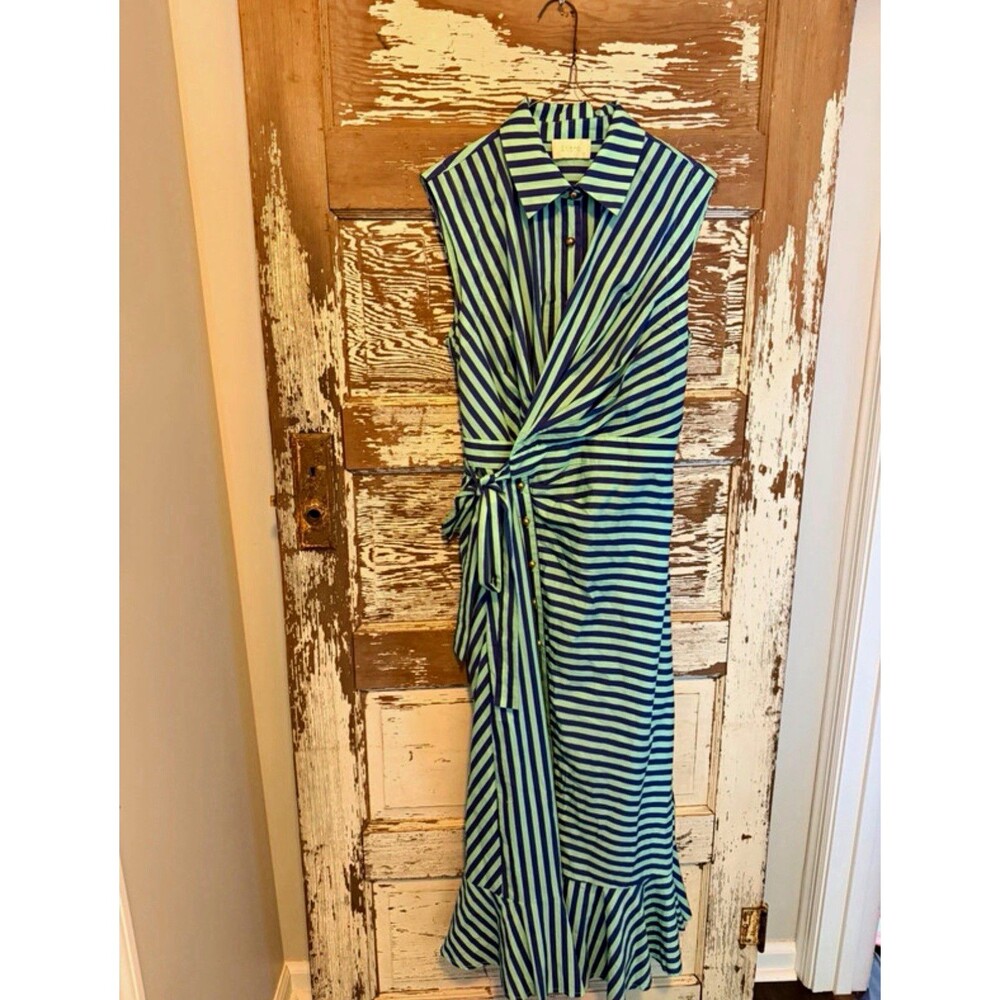 Entro Blue & Green Striped Wrap Midi Dress Sleeveless Collared Tie Belt Ruffle